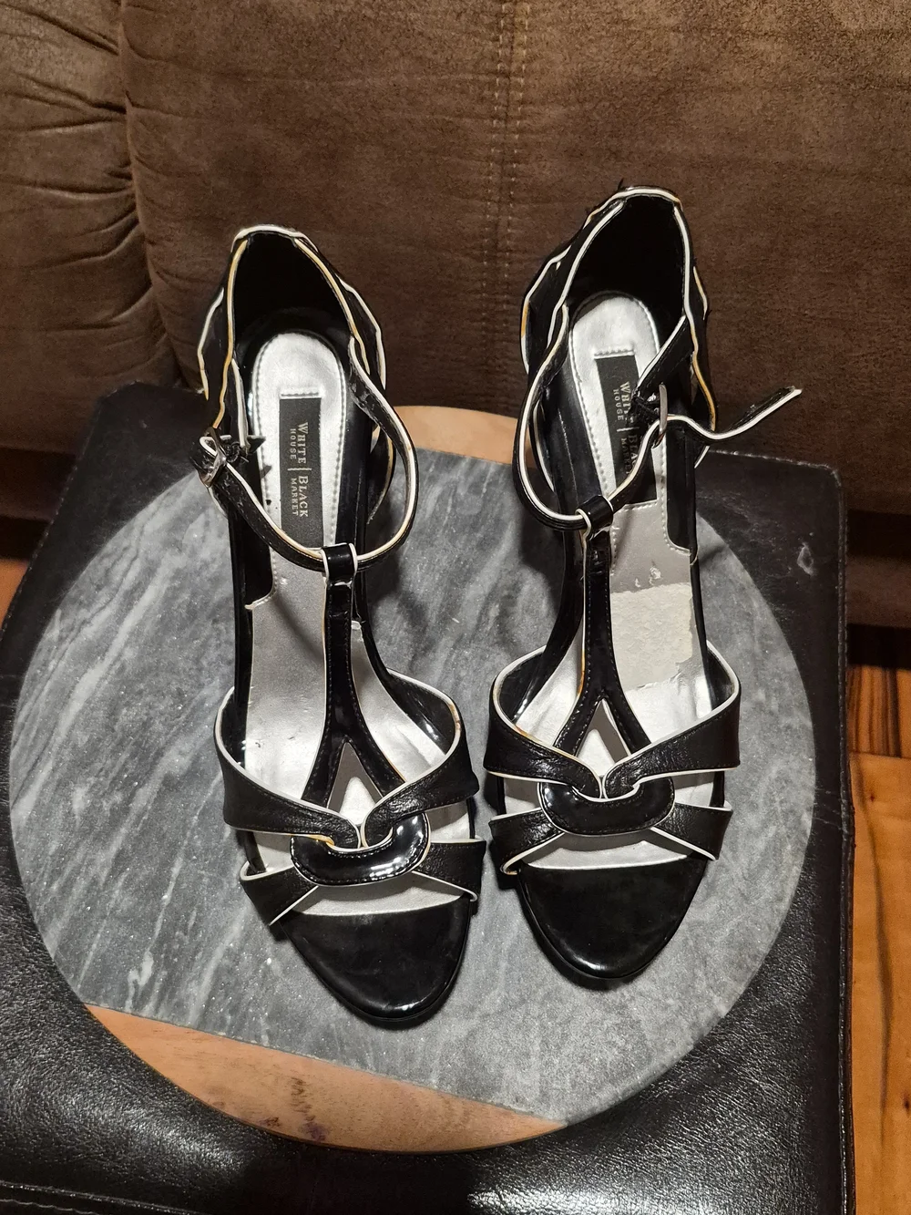 White House Black Market Black T‑Bar Stiletto Sandals with White Trim